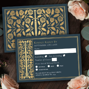 Gold Grey Mediaeval Sword Wedding RSVP Card
