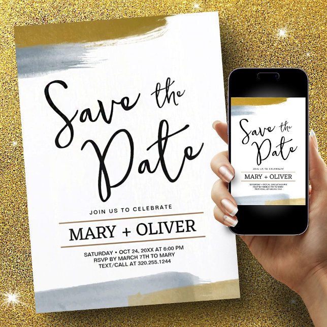 Gold grey minimalist abstract modern save the date invitation (Creator Uploaded)