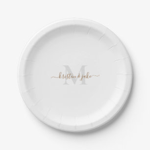 Gold & Grey Monogram & Script Names  Paper Plate
