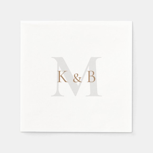 Gold & Grey Monogram White Cocktail Napkins (Front)