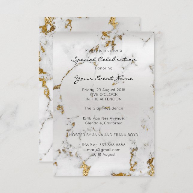 Gold Grey Pearly Silver Marble Minimal Formal Invitation (Front/Back)
