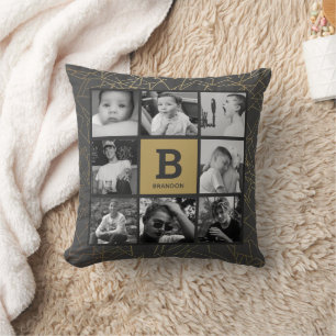 Gold Grey Photo Collage Throw Pillow