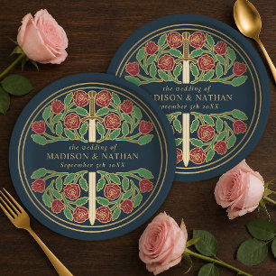 Gold Grey Royal Mediaeval Floral Sword Wedding Paper Plate
