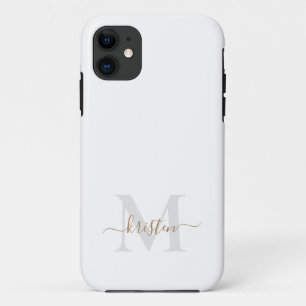 Gold & Grey Script Monogram White  iPhone 11 Case