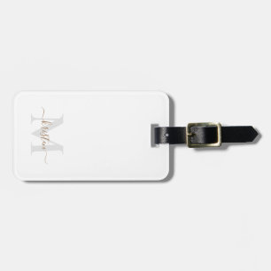 Gold & Grey Script Monogram White Luggage Tag