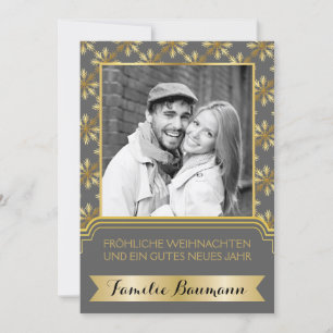 Gold, grey snowflake Frohe Weihnachten photo Holiday Card