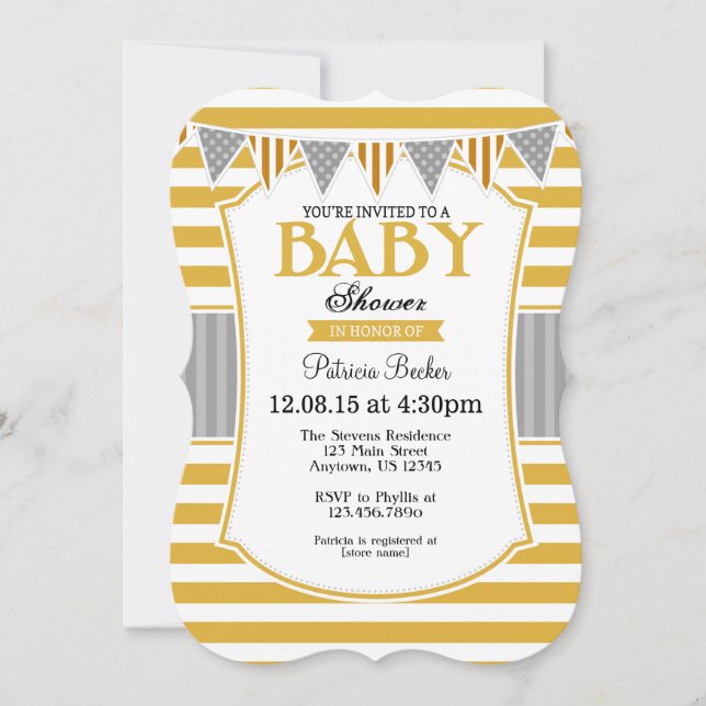 Gold Grey Stripes Baby Shower Invitation (Front)