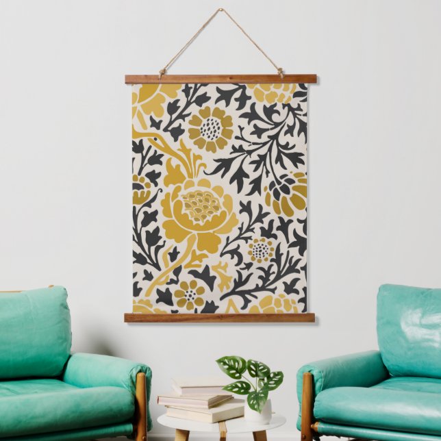 Gold Grey William Morris Floral Hanging Tapestry (Living Room)