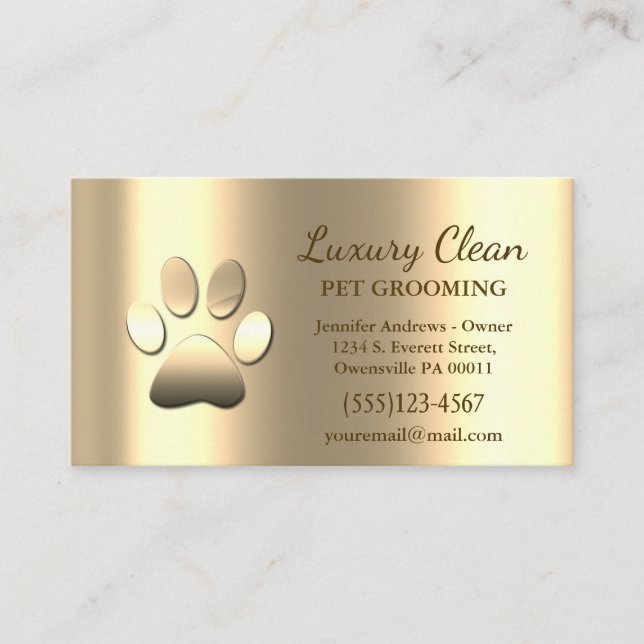 Gold Grooming Service Paw Print Metallic  Business Card (Front)