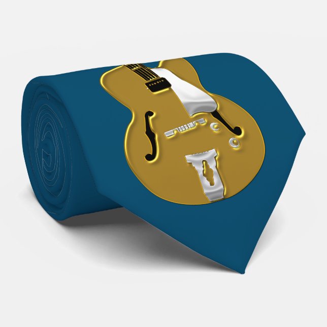 Gold Guitar and Notation on Sapphire Blue Tie (Rolled)