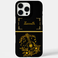 Gold Guitar Artwork With Musical Notes and Flowers
