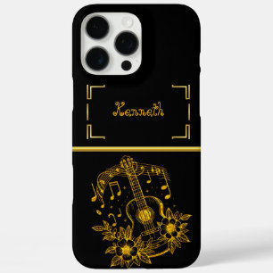 Gold Guitar Artwork With Musical Notes and Flowers iPhone 16 Pro Max Case
