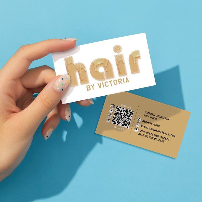 Gold Hair Glitter Drips Typography Stylist Salon Business Card (Creator Uploaded)