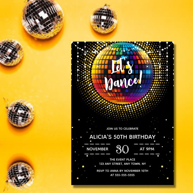 Gold Halftone Colourful Disco Ball Birthday Party Invitation (Creator Uploaded)