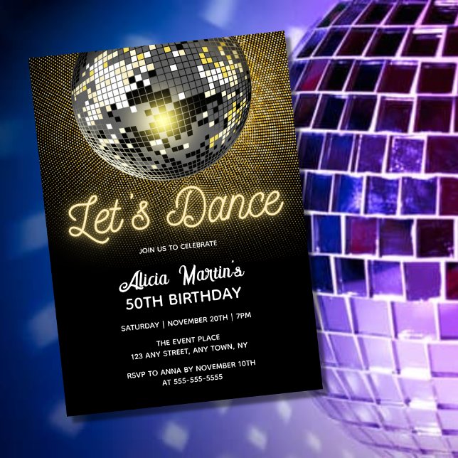 Gold Halftone Disco Ball Let's Dance Birthday Invitation (Creator Uploaded)