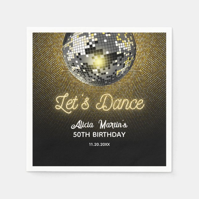 Gold Halftone Disco Ball Let's Dance Birthday Napkin (Front)