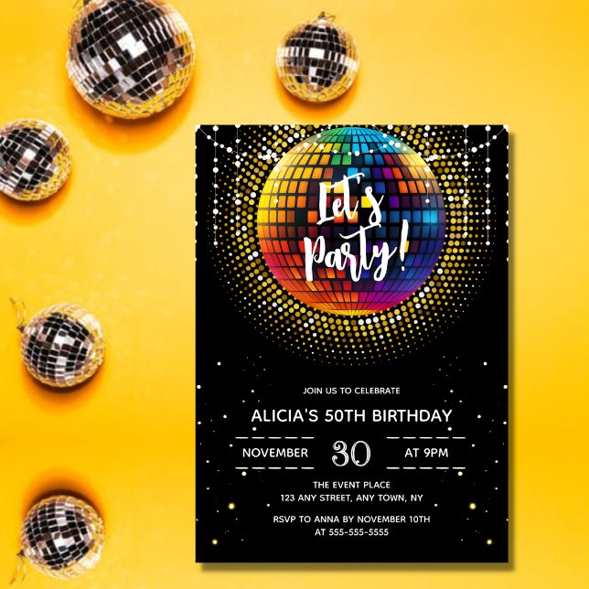 Gold Halftone Disco Ball Let's Party Birthday Invitation (Creator Uploaded)