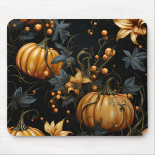 GOLD HALLOWEEN PUMPKINS DARK GREEN LEAVES MOUSE PAD