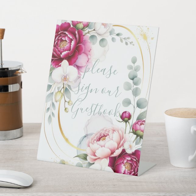 Gold Halo Garden Peonies & Orchids Floral Wedding  Pedestal Sign (In SItu)