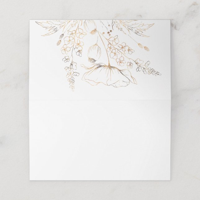 Gold Hand Drawn Wildflowers White Wedding Place Card (Outside Unfolded)