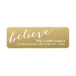Gold Hand Lettered Believe Holiday Return Address Label
