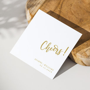 Gold Hand-Lettered Cheers: White Wedding Napkins