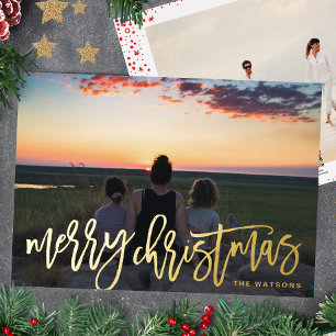 Gold Hand Written Merry Christmas Photo Foil Holiday Card
