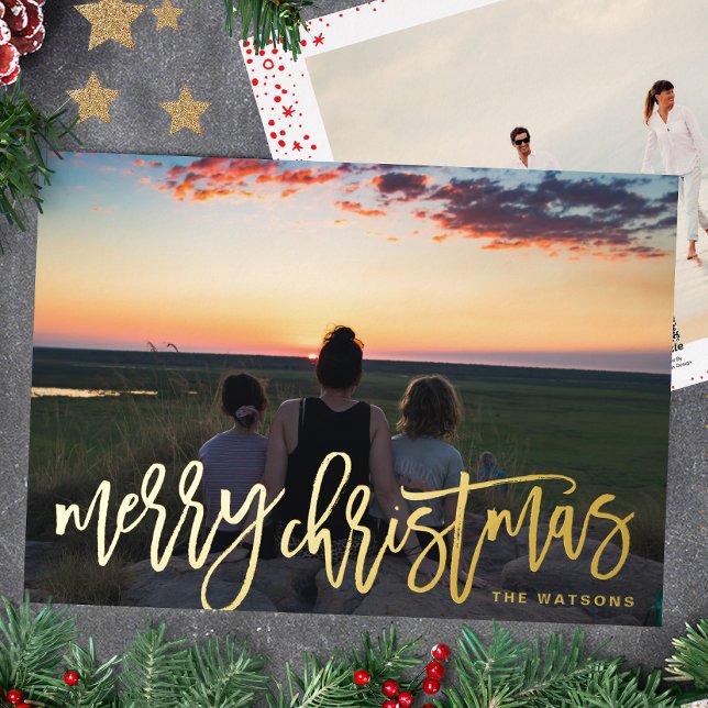 Gold Hand Written Merry Christmas Photo Foil Holiday Card (Creator Uploaded)