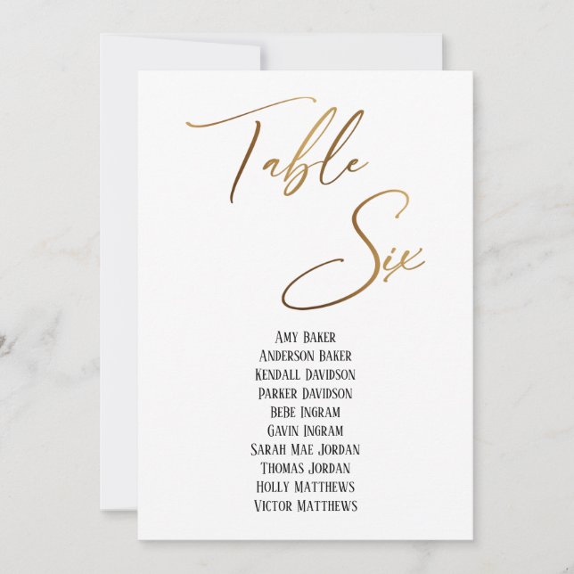 Gold Handwriting Table Six Seating Chart (Front)