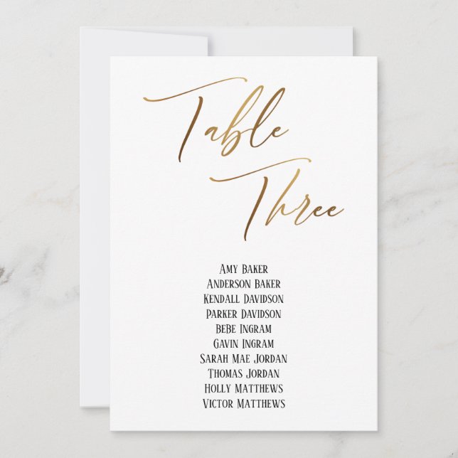 Gold Handwriting Table Three Seating Chart Card (Front)