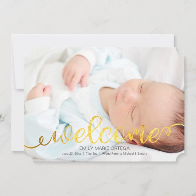 Gold Handwritten Baby Birth Photo Announcement (Front)