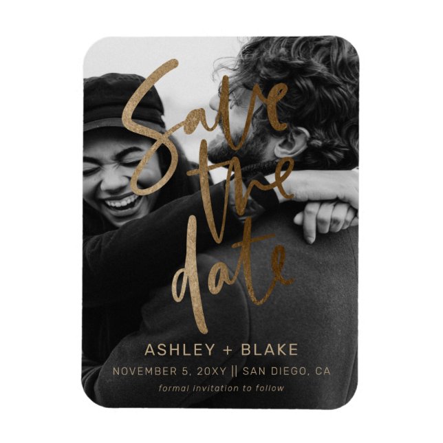 Gold Handwritten Photo Save the Date Magnet (Vertical)