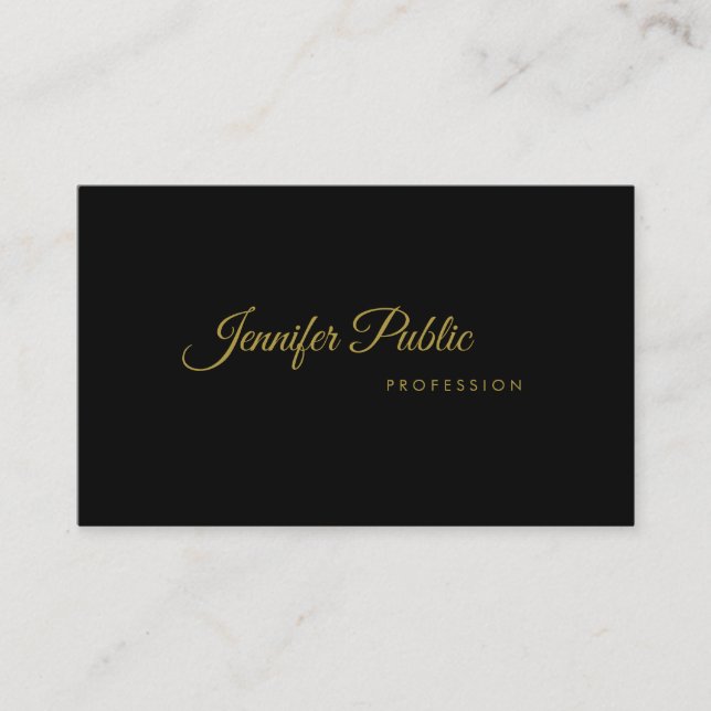 Gold Handwritten Script Elegant Sleek Black Modern Business Card (Front)