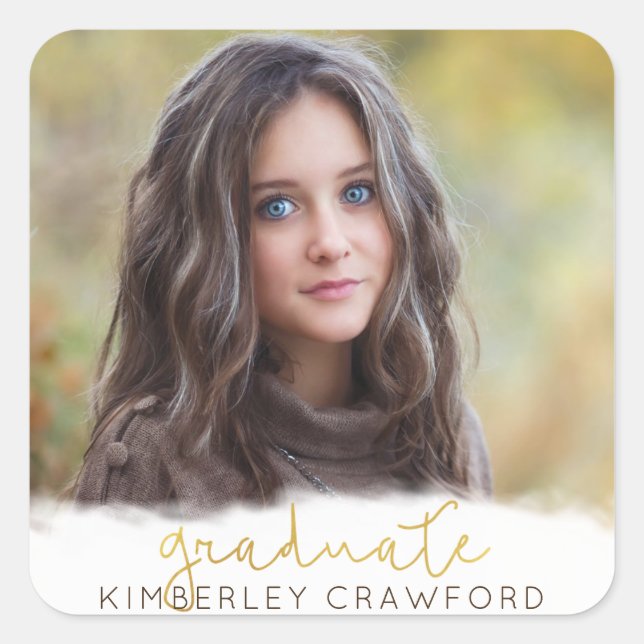 Gold Handwritten Script Graduate Square Sticker (Front)