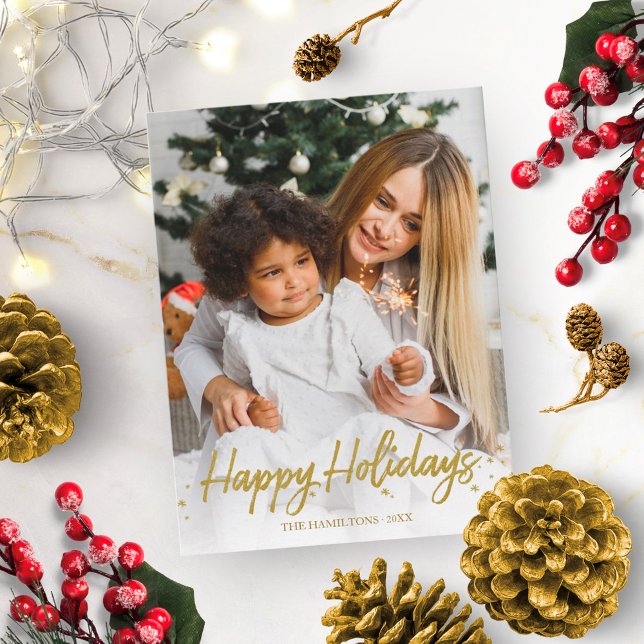 Gold Handwritten Unique Photo Happy Holidays Postcard (Creator Uploaded)