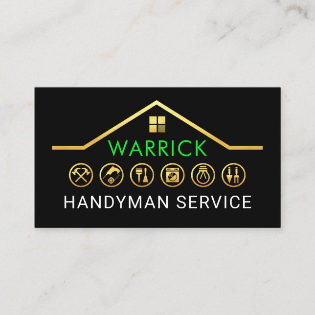 Gold Handyman Construction Tools Rooftop Business Card (Front)