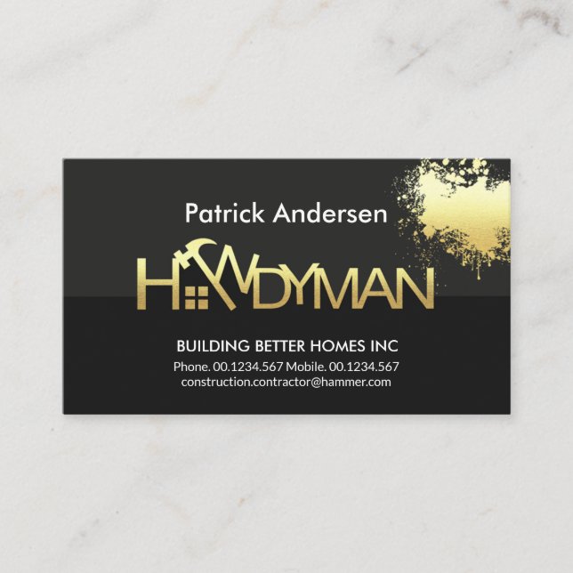 Gold Handyman Paint Splatter Signage Business Card (Front)