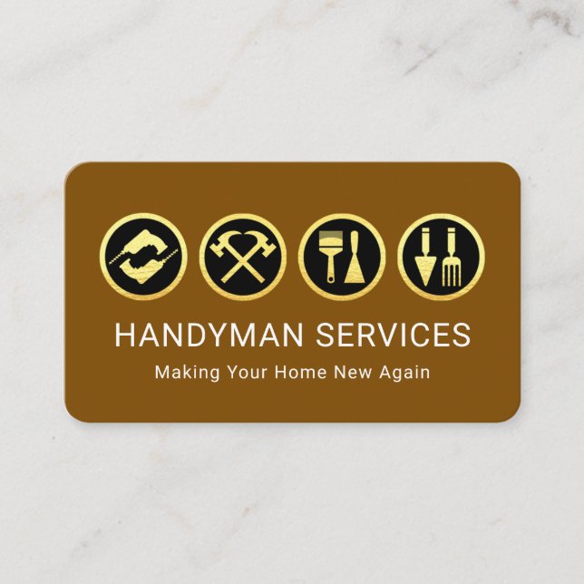 Gold Handyman Tools On Brown Layer Business Card (Front)