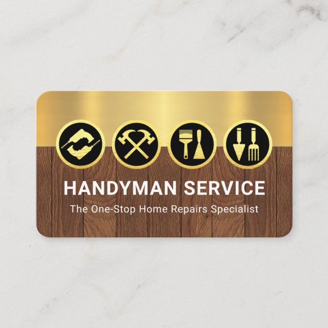 Gold Handyman Tools On Gold Timber Layers Business Card (Front)
