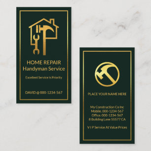 Gold Handyman Tools On Green Gold Frame Business Card