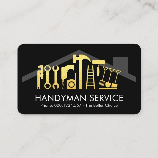 Gold Handyman Tools On Rooftop Business Card (Front)