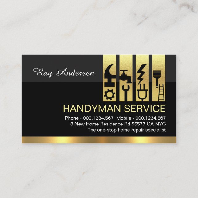 Gold Handyman Tools Tab Building Construction Business Card (Front)