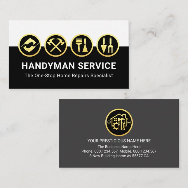 Gold Handyman Tools White Black Layers Business Card (Front/Back)