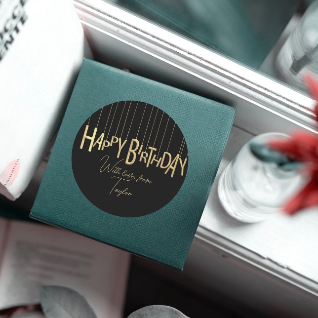 Gold Hanging Lettering On Black Happy Birthday Classic Round Sticker (Creator Uploaded)