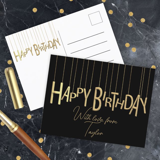 Gold Hanging Lettering On Black Happy Birthday Postcard (Creator Uploaded)