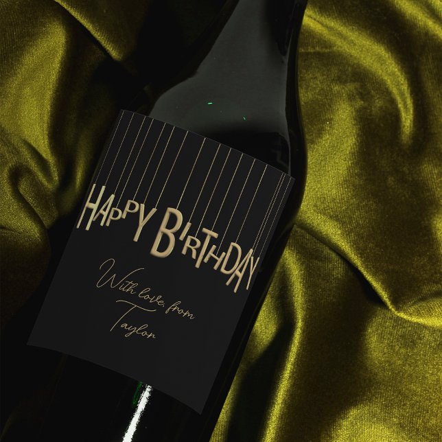 Gold Hanging Lettering On Black Happy Birthday Wine Label (Creator Uploaded)