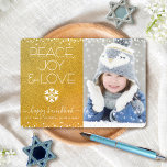 Gold Hanukkah Photo Peace Joy Love Quote Snowflake Holiday Card<br><div class="desc">“Peace, joy & love.” A fun, playful, white snowflake illustration and modern typography on a sparkly, faux gold glitter background help you usher in the Hanukkah season, along with the custom photo of your choice. White confetti dots frame the card. Feel the warmth and joy of the holidays whenever you...</div>