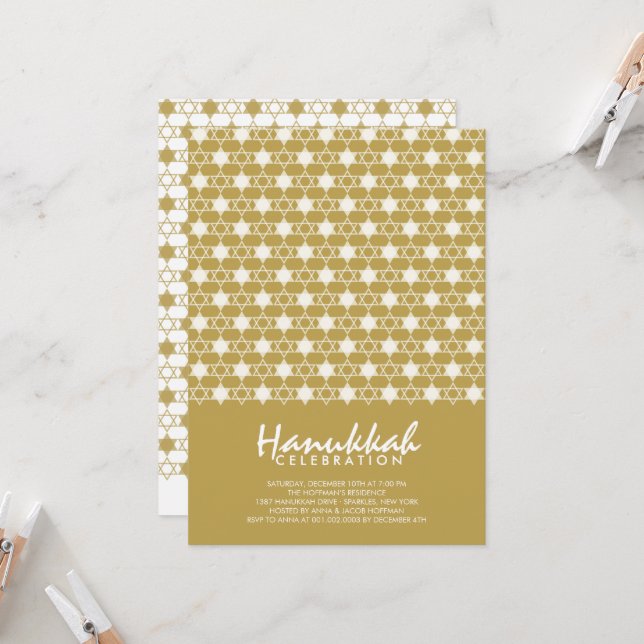 Gold Hanukkah Stars Of David Pattern Holiday Party Invitation (Front/Back In Situ)