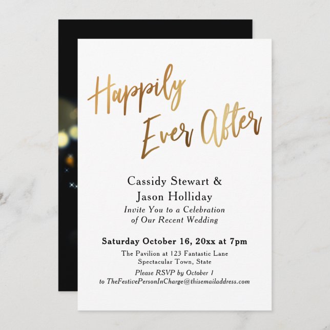 Gold Happily Ever After Bokeh Black Back Reception Invitation (Front/Back)