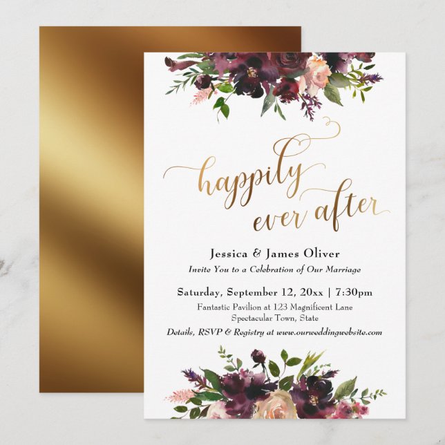 Gold Happily Ever After Dark Red Burgundy Floral Invitation (Front/Back)